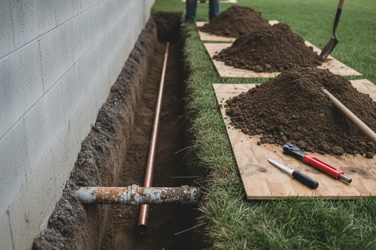 Excavated water line trench during Water Softener Installation in White City